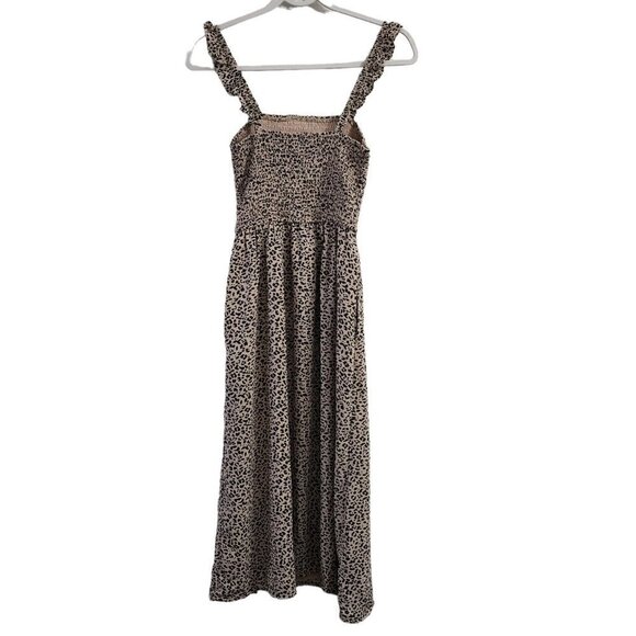 Abercrombie & Fitch Midi Dress Small Smocked‎ Leopard Print Ruffled Slit Boho - Picture 8 of 11